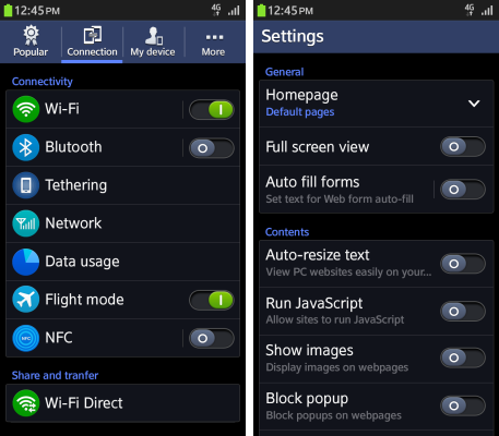 General and Internet settings